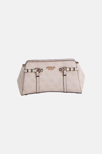 beige schoudertas van Guess met monogramprint en goudkleurige hardware details