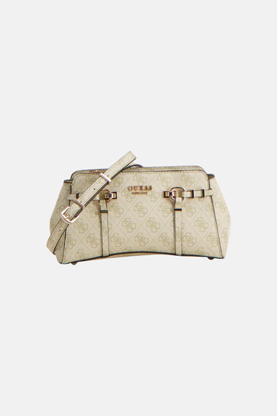 Sac à bandoulière vert Guess, avec un motif de logos et une fermeture à glissière.