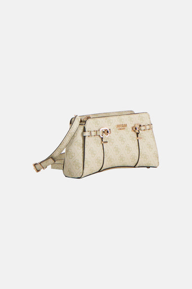 Sac à bandoulière vert Guess, avec un imprimé intégral de logos et des détails dorés.