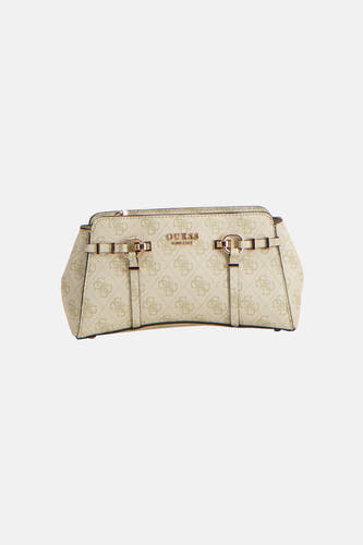 Sac à bandoulière vert Guess, avec imprimé logo et détail de boucle dorée.