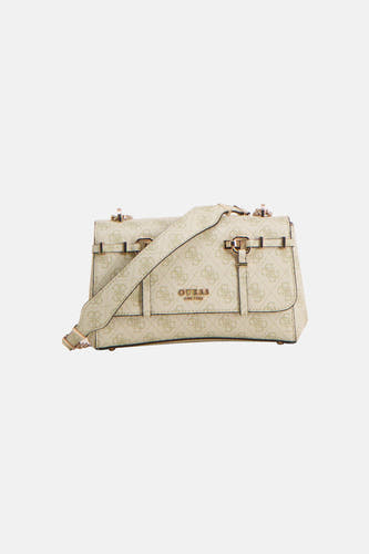 Sac à bandoulière vert Guess avec un imprimé logo intégral et une bandoulière en chaîne dorée.