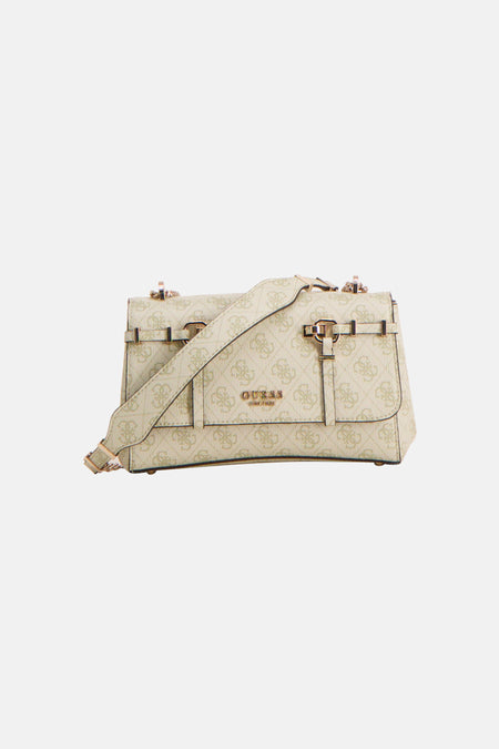 Sac à bandoulière vert Guess avec un imprimé logo intégral et une bandoulière en chaîne dorée.