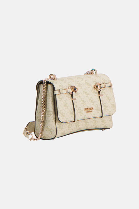 Sac à bandoulière vert Guess, avec motif logo et bandoulière chaîne dorée.
