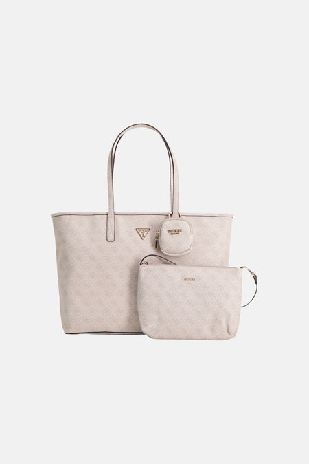 Beige schoudertas van Guess met monogrampatroon en een bijpassend etui en muntzakje.
