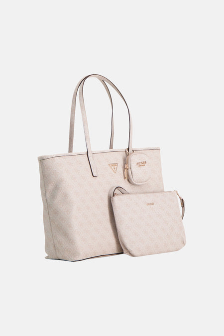 Beige schoudertas van Guess, met een all-over logo motief en een afneembare etui en een klein tasje.