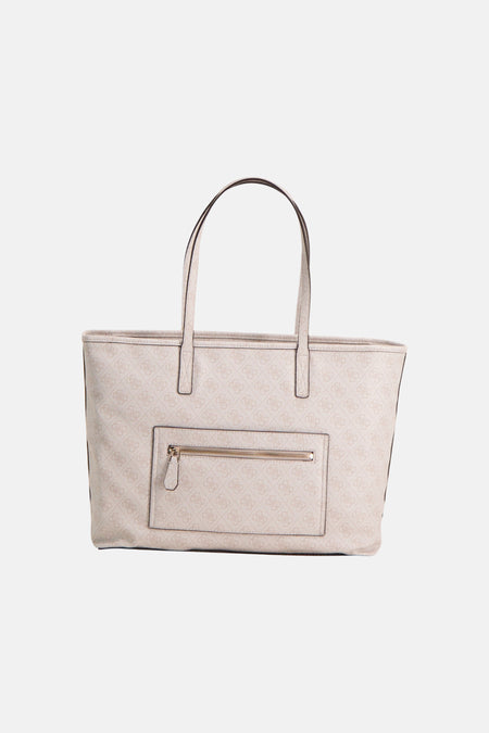 Beige schoudertas van Guess, met een all-over logoprint en een voorvak met ritssluiting.
