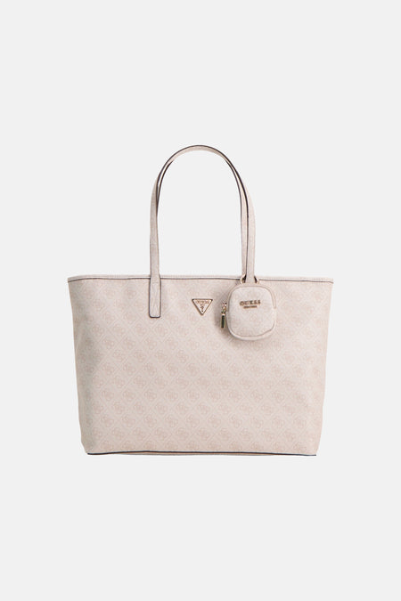 Beige schoudertas van Guess, met all-over logo print en een afneembaar tasje aan het hengsel.
