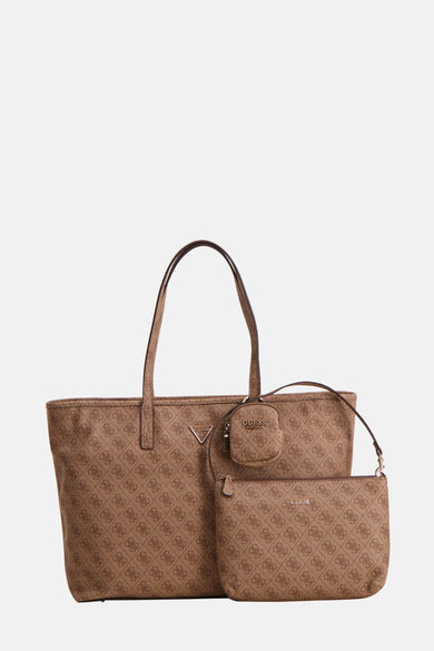 Sac à dos brun de Guess, avec imprimé logo sur toute la surface et une poche zippée à l'avant.