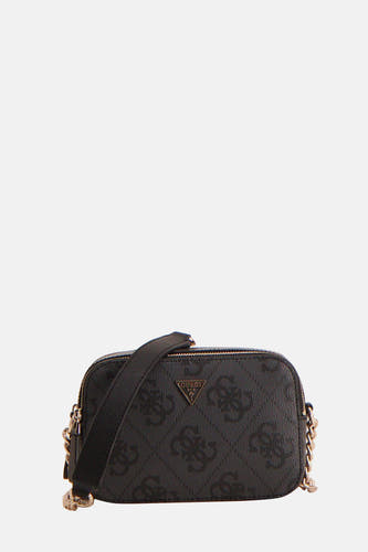 Zwarte schoudertas van Guess met logo print en goudkleurige ketting accenten.
