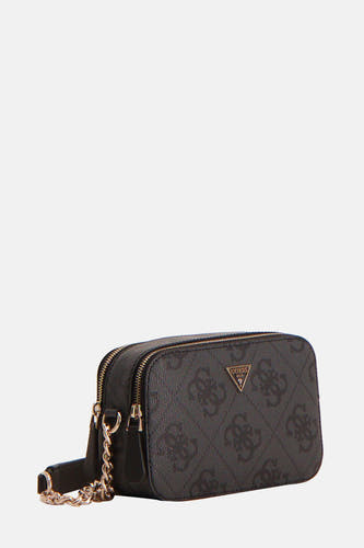 Zwarte schoudertas van Guess met logoprint en zilverkleurige details.
