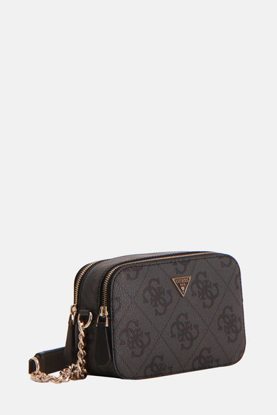 Zwarte schoudertas van Guess met logoprint en zilverkleurige details.
