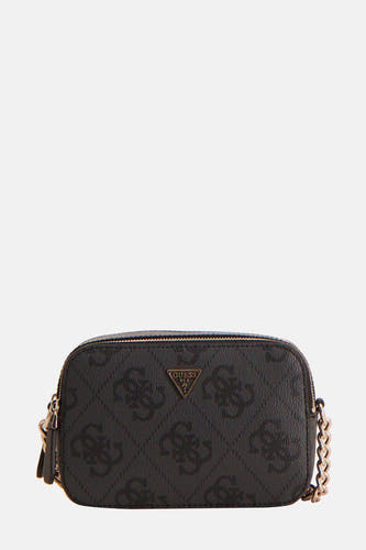 Zwarte schoudertas van Guess, met een all-over logoprint en gouden ketting als schouderband.
