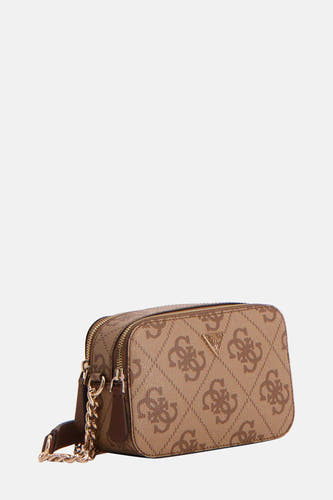 Bruine schoudertas van Guess met een logo patroon en goudkleurige ketting details.
