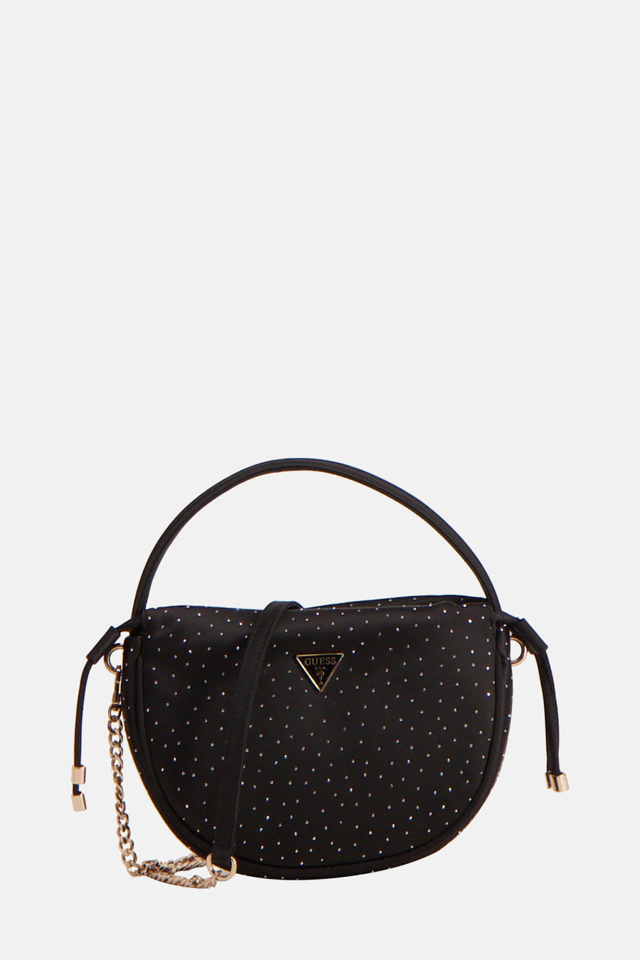 Zwarte handtas van Guess, met zilverkleurige studs, een hengsel en een schouderriem.