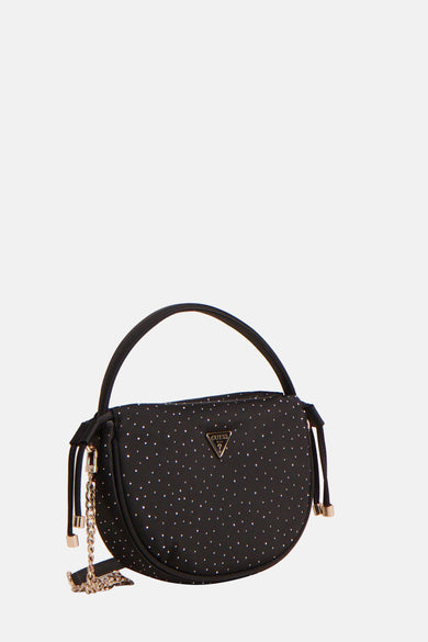 Zwarte handtas van Guess, met all-over zilverkleurige stippen en een gouden kettingdetail.
