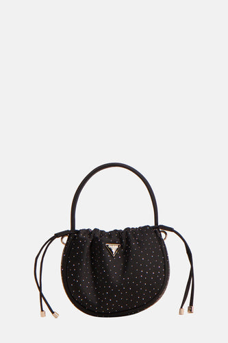 Zwarte Guess-handtas met zilverkleurige stippen.