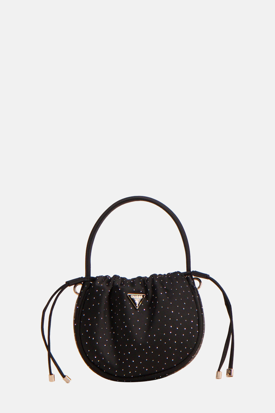 Zwarte Guess-handtas met zilverkleurige stippen.