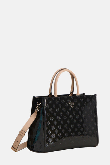 Zwarte handtas van Guess met logoprint en beige handvat en schouderband.