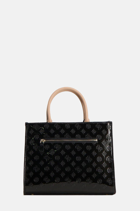 Zwarte handtas van Guess met een subtiel logopatroon en beige handvatten.