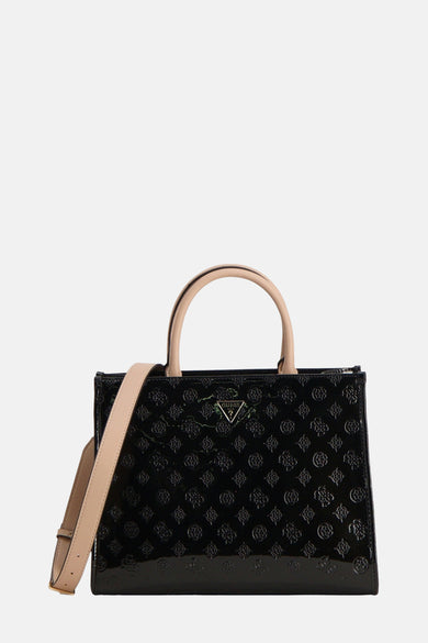 Zwarte handtas van Guess met all-over logo-patroon en beige handvat en schouderriem.

