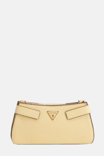 Sac à dos Guess de couleur jaune avec une texture lisse et un logo triangulaire.