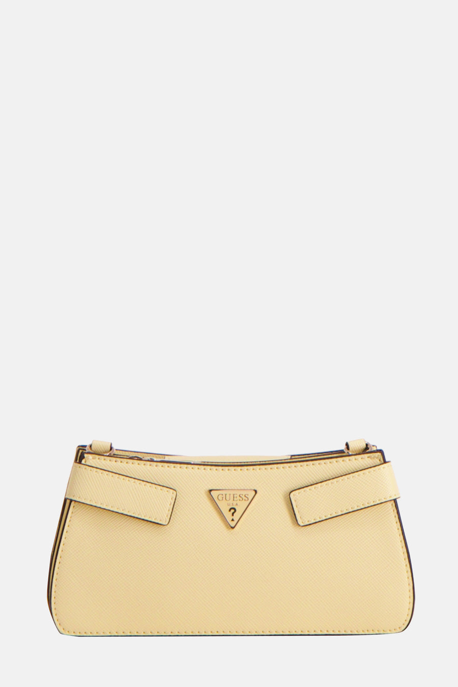 Sac à dos Guess de couleur jaune avec une texture lisse et un logo triangulaire.