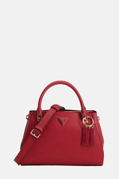 Rode handtas van Guess met een afneembare schouderband en een Guess-logo aan de voorkant.
