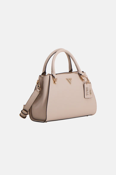 Sac à main beige Guess avec détails dorés et bandoulière amovible, vu en perspective oblique.