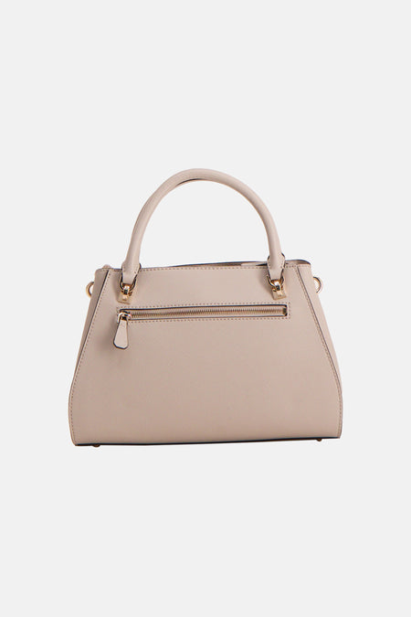 Beige handtas van Guess, met ritssluiting aan de achterkant en gouden details.
