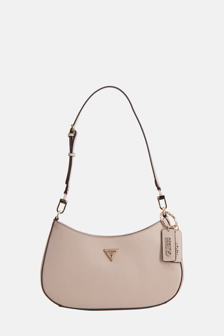 Beige schoudertas van Guess, met een subtiele textuur en een logo hanger.
