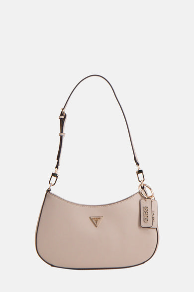 Beige schoudertas van Guess, met een subtiele textuur en een logo hanger.

