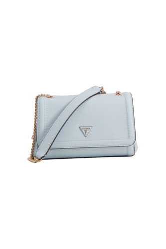 Blauwe schoudertas van Guess, met gouden ketting als hengsel en logo op de voorkant.