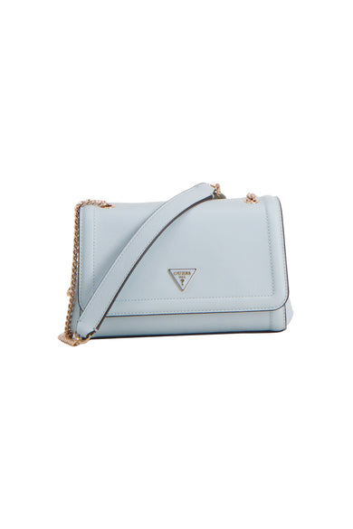 Blauwe schoudertas van Guess, met gouden ketting als hengsel en logo op de voorkant.