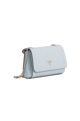 Sac à bandoulière bleu Guess, avec bandoulière chaîne dorée et logo discret.