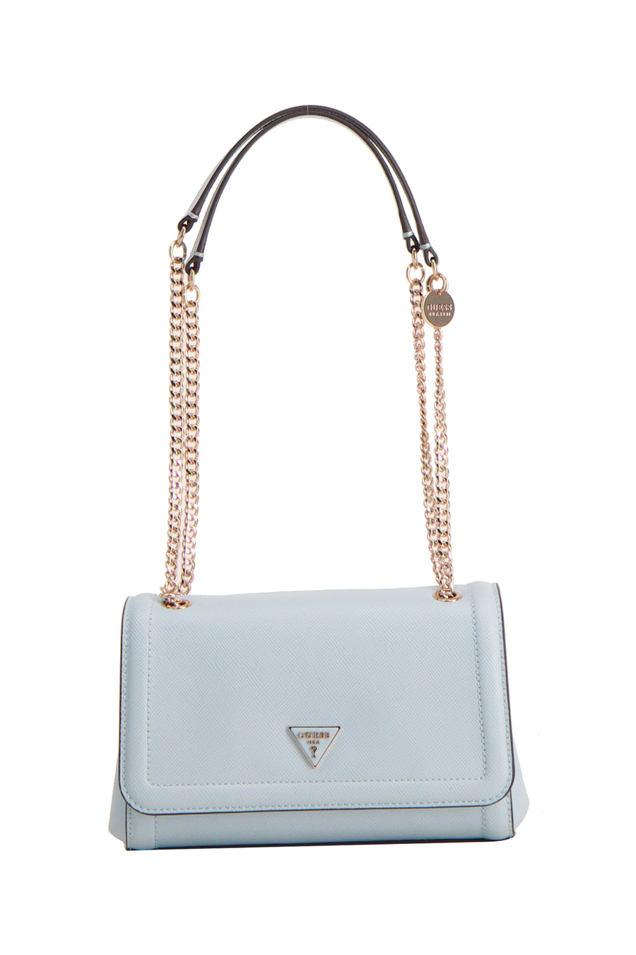 Sac à bandoulière bleu Guess avec détails dorés et une poignée marron foncé.