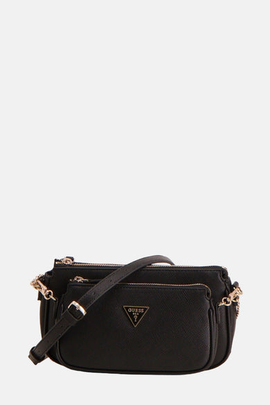 Sac à dos noir de Guess avec des fermetures éclair dorées et une sangle d'épaule ajustable.