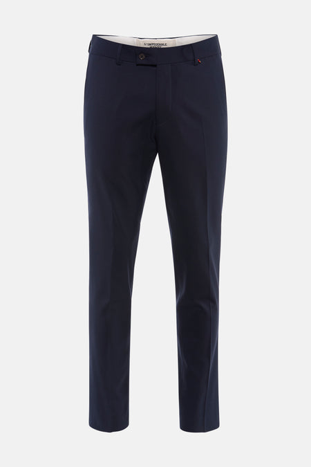 Donkerblauwe kostuumbroek van Le Fabuleux Marcel de Bruxelles, met knoopsluiting, riemlussen en vlagdetail.
