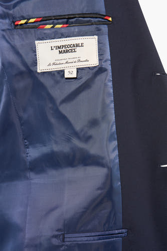 Blazer bleu de Le Fabuleux Marcel de Bruxelles, avec des détails rayés et un doublage.