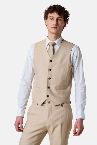 Beige gilet van Le Fabuleux Marcel de Bruxelles, met bruine knopen en een borstzak.