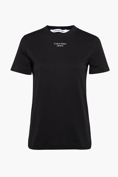 Zwart korte mouwen T-shirt van Calvin Klein met klein wit logo op borst, ronde hals en gestikte zoom