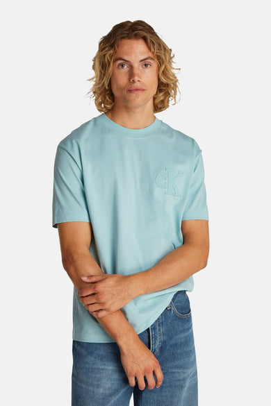 Turquoise T-shirt met korte mouwen van Calvin Klein, met een subtiel logo op de borst en gedragen met jeans.
