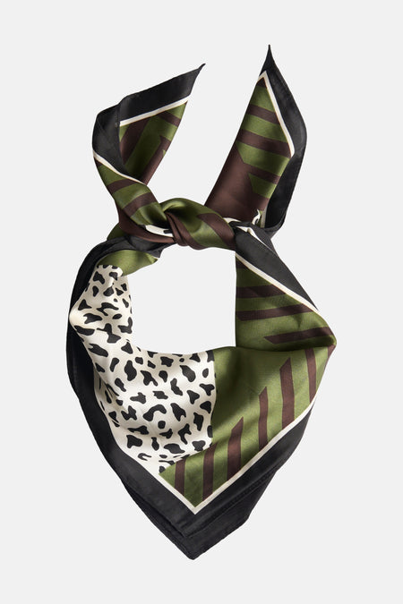 Zijde sjaal met dierenprint, gestreept en zwarte rand.