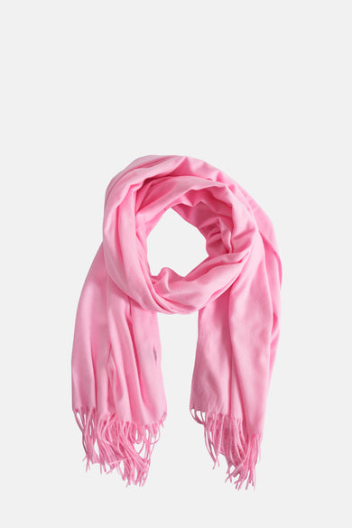Roze zomersjaal van Access, met franjes aan de uiteinden.
