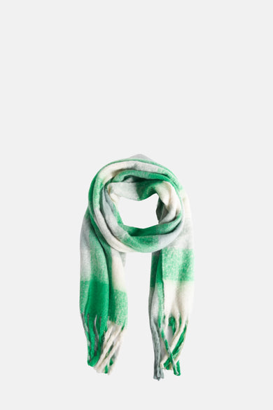 Manteau d'hiver vert Access® avec un motif rayé blanc et gris et des franges.