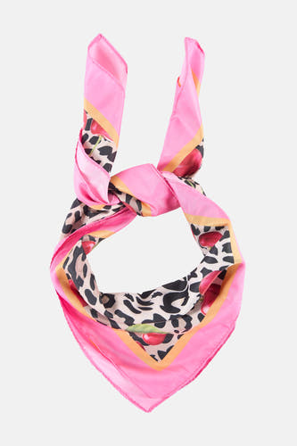 Roze zomersjaal van Access® met luipaardprint en kersendetails, geknoopt in een knoop, zijden glans, front view