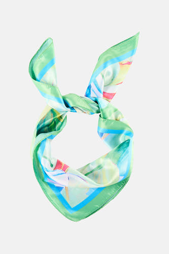 Groene zijden sjaal met abstracte print van Access®, geknoopt in een knoop, lichtgroene rand en kleurrijke strepen, front view