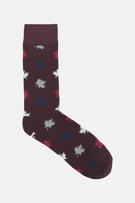 Bordeaux sokken van ACCESSORIES BY JACK & JONES, met een bladerenprint in rood, wit en blauw.