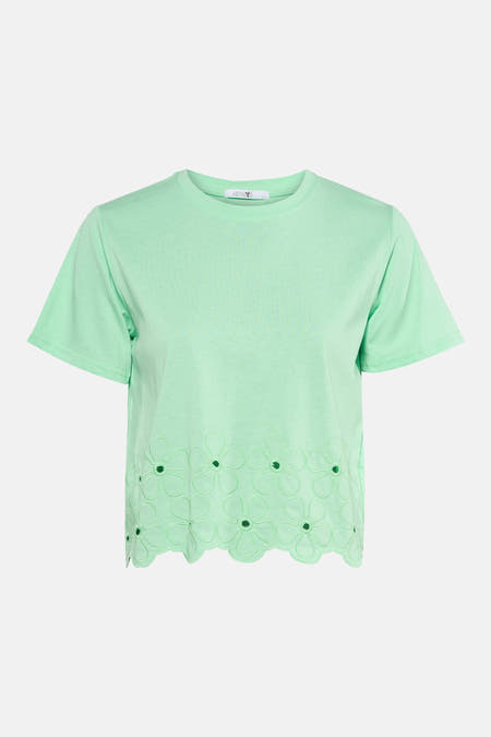 Groen T-shirt met korte mouwen van HAILYS, met broderie details en een decoratieve zoom.
