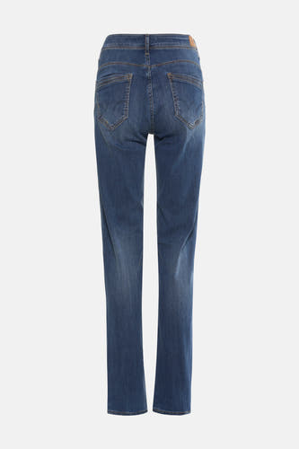 Blauwe rechte jeans van Le Temps des Cerises, achterkant met zakken en een licht verwassen denimtextuur.