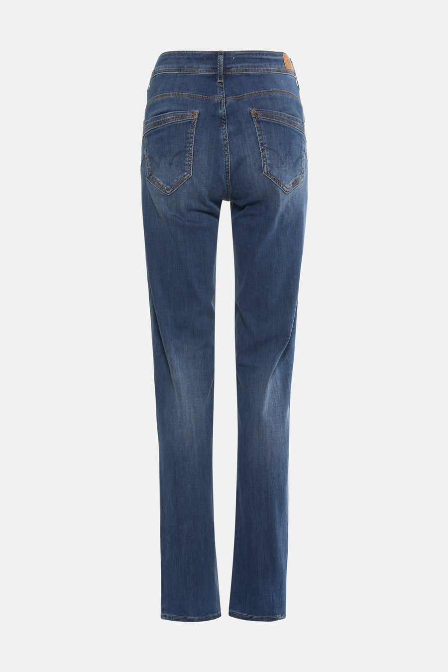 Blauwe rechte jeans van Le Temps des Cerises, achterkant met zakken en een licht verwassen denimtextuur.